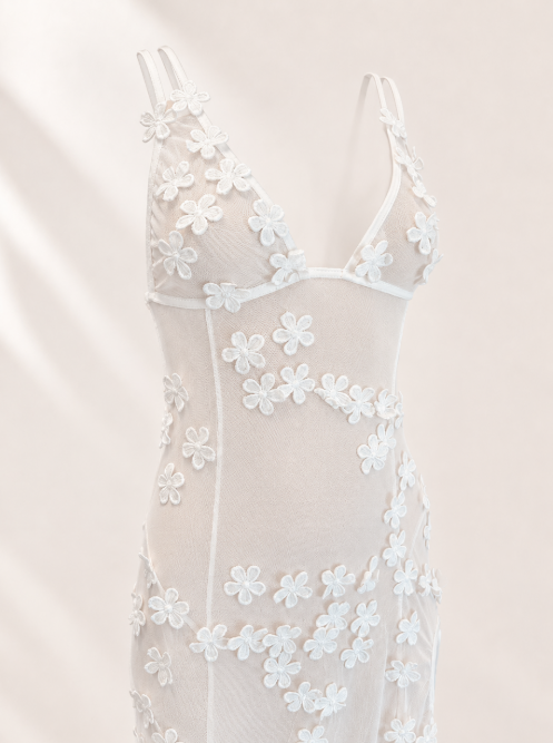 White Floral Mesh Maxi Cover Up | Sheer Flower Beach Dress | Side Slit Swim Cover Up | Resort Wear
