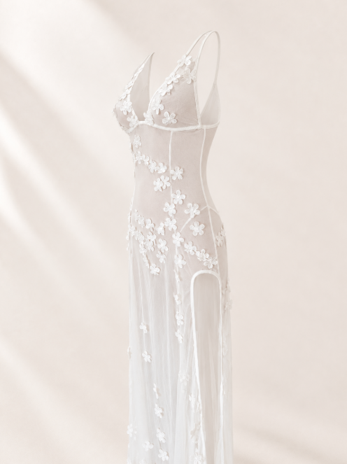 White Floral Mesh Maxi Cover Up | Sheer Flower Beach Dress | Side Slit Swim Cover Up | Resort Wear