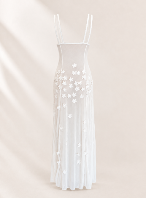 White Floral Mesh Maxi Cover Up | Sheer Flower Beach Dress | Side Slit Swim Cover Up | Resort Wear