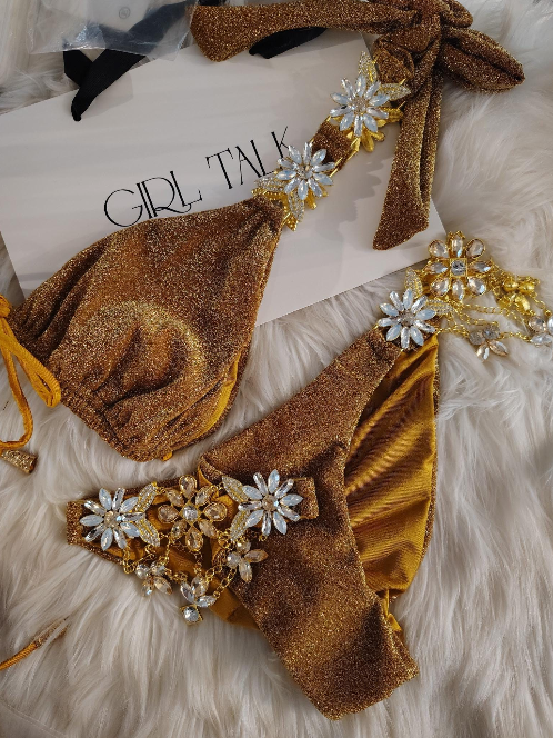 Handmade Beige Lurex Floral Rhinestone Bikini Top | Shimmer Tie Side Bikini | Jeweled Thong Swimsuit | Handmade Bikini