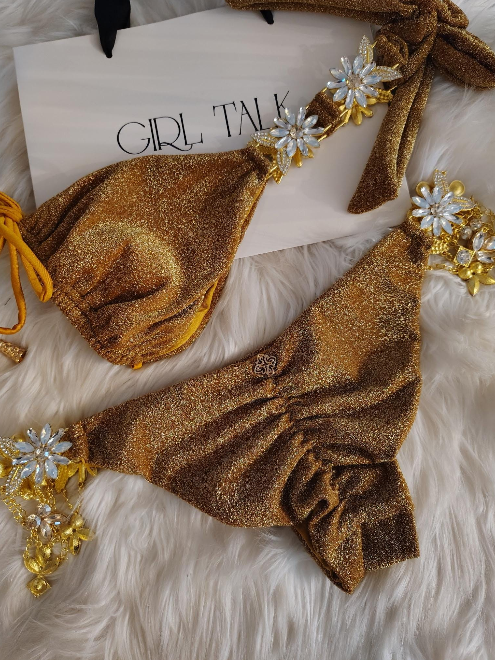Handmade Beige Lurex Floral Rhinestone Bikini Bottom  | Shimmer Tie Side Bikini | Jeweled Thong Swimsuit | Handmade Bikini