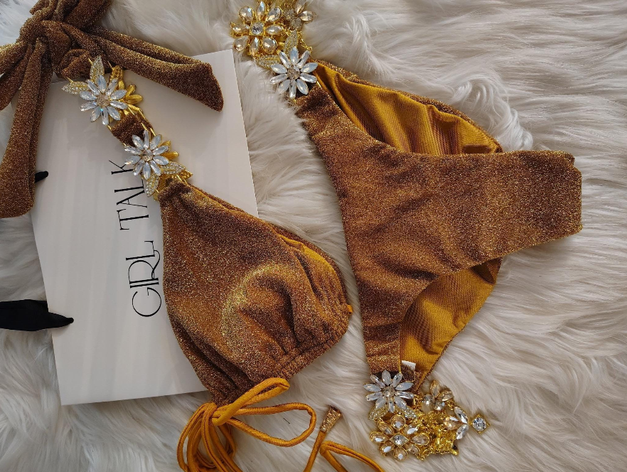 Handmade Beige Lurex Floral Rhinestone Bikini Bottom  | Shimmer Tie Side Bikini | Jeweled Thong Swimsuit | Handmade Bikini