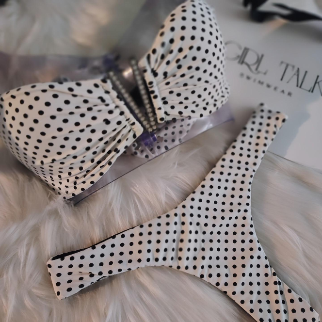 Handmade Polka Dot Bikini Bottom | Rhinestone Chain Bikini | Black & White Thong Swimsuit | Luxury Women’s Swimwear